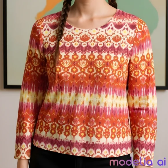 Colorful Patterned Long Sleeve Top With Sequins - Picture 1 of 9